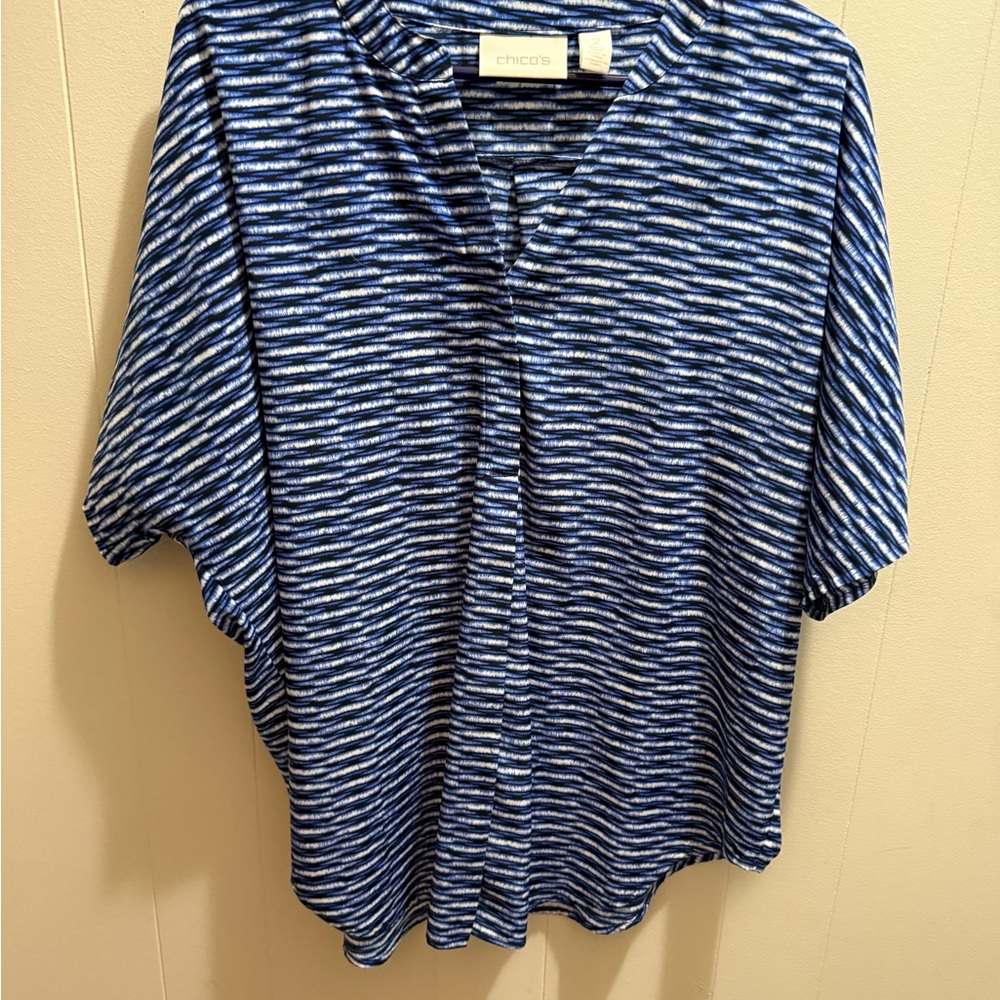 Chico's Navy and White Striped Short Sleeve Top